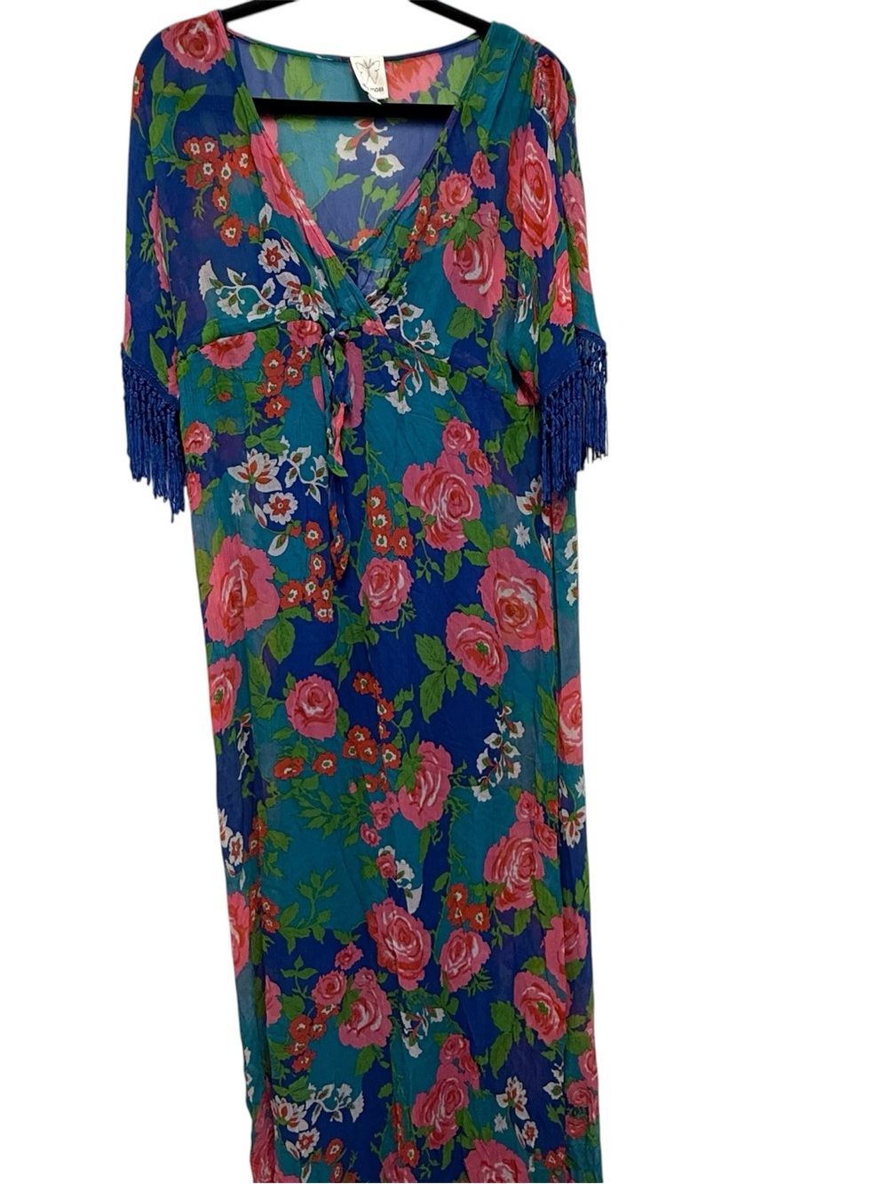 Ella Moss Teal and Navy Floral Maxi Dress with Pink Roses